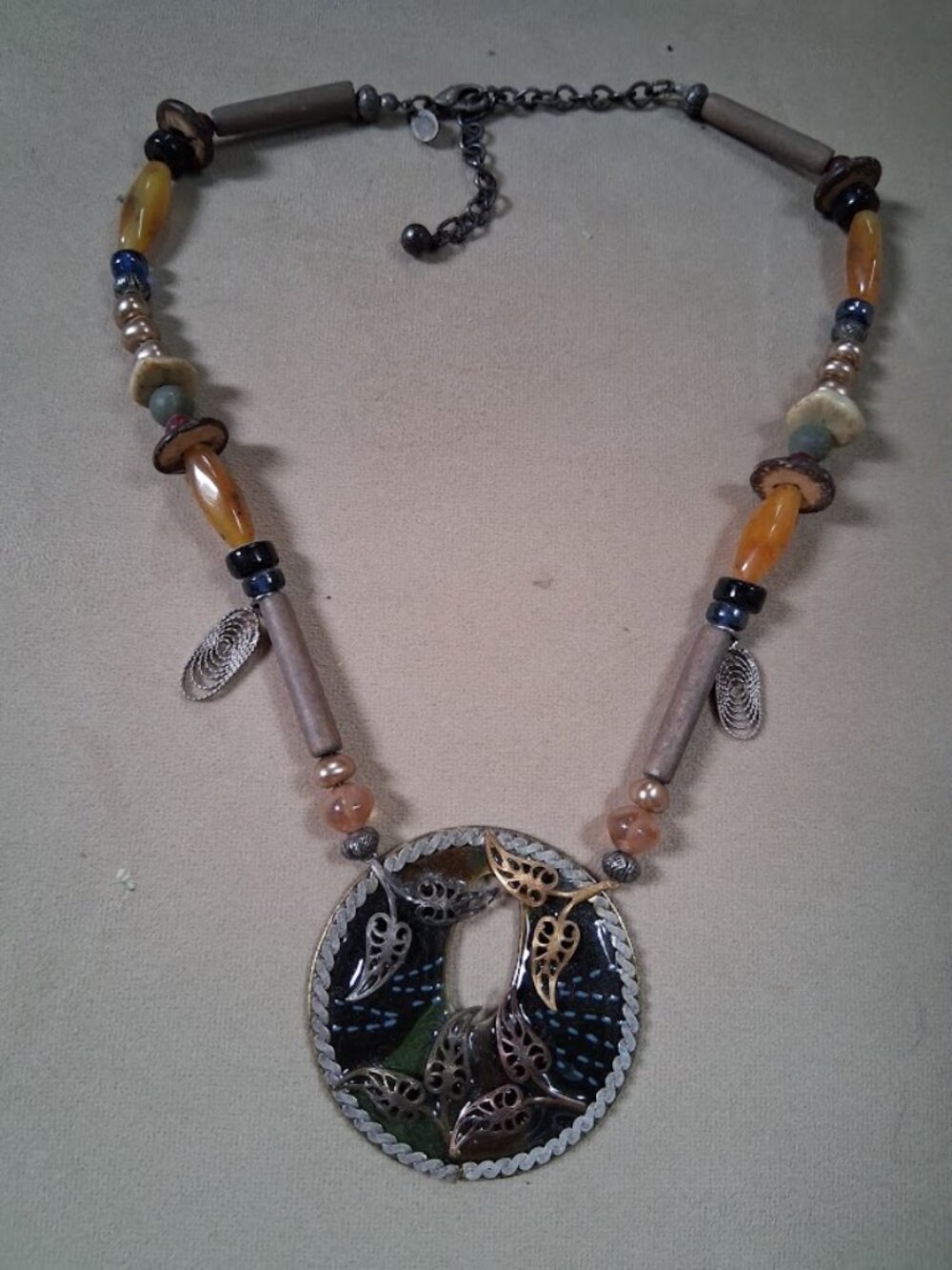 Chico's Bead & Stone Leaf Motif Pendant Necklace